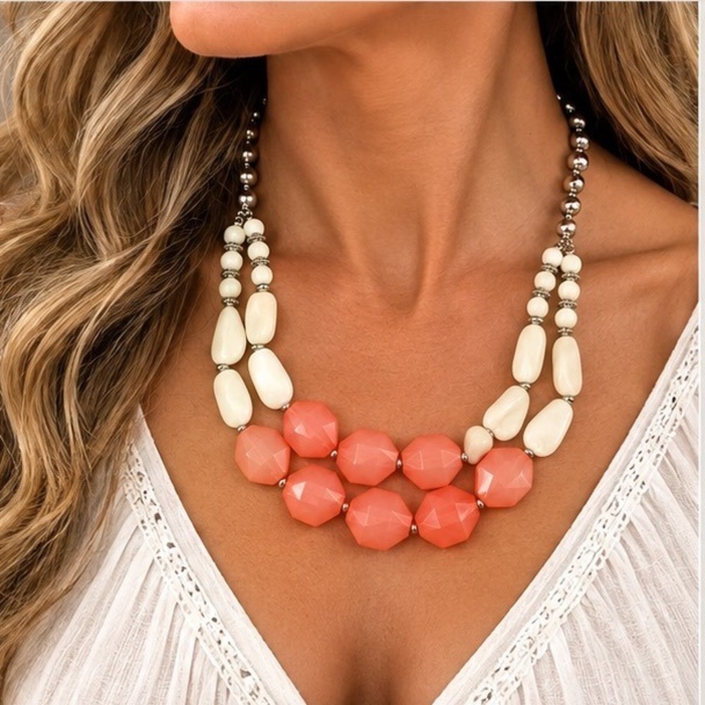 Peachy & Vanilla Cream Double Strand Statement Necklace Faceted Geometric Beads